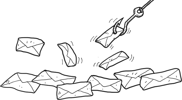 Fishing hook catching emails representing phishing attacks